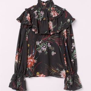 H&M Black Sheer Floral Blouse with High Neck and Long Sleeves size XL